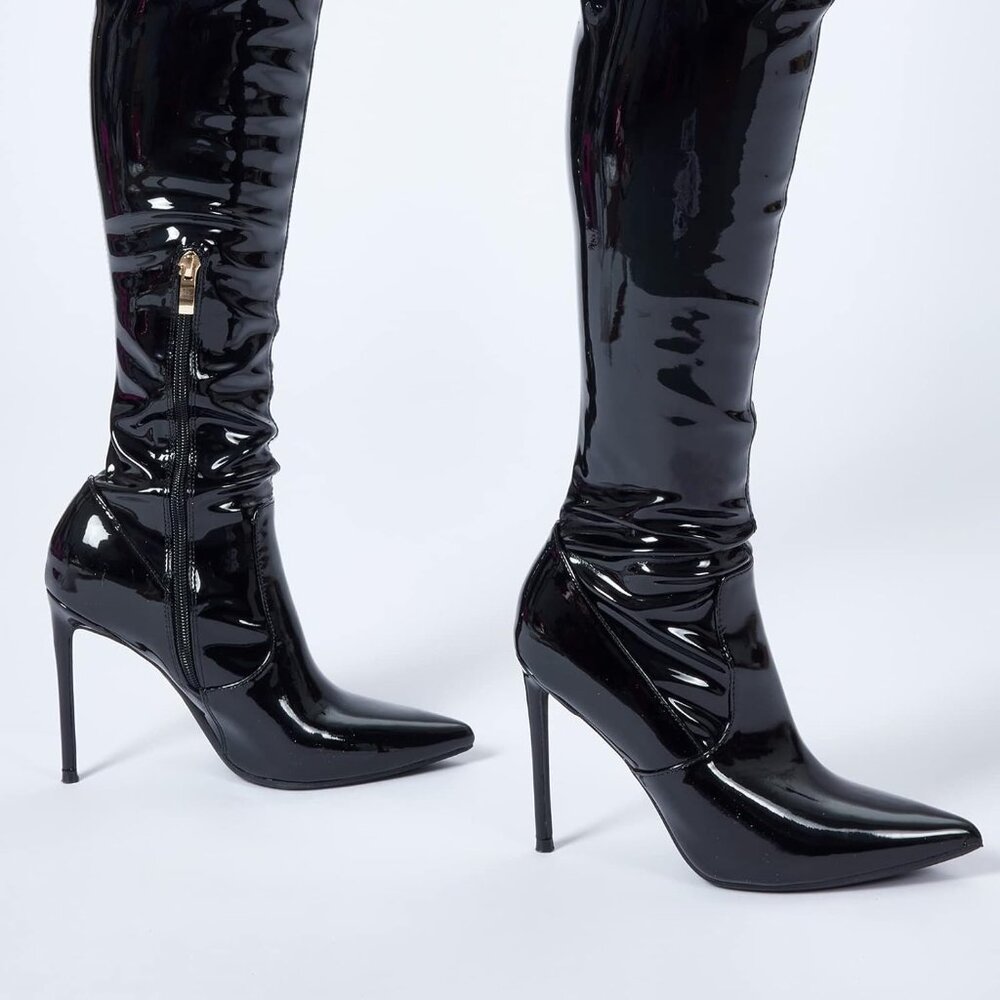 Women Patent Leather Black (PU) Over The Knee Stiletto Heel Pointed Toe Boots - Picture 7 of 7